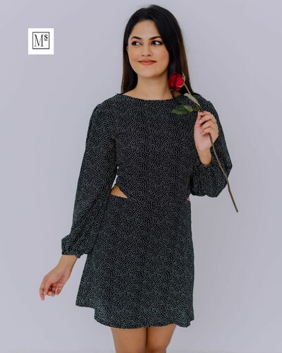 White Dot Printed Long Sleeve Flared Skirt Dress