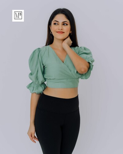 Acquah Green Cross Over Puff Sleeve Crop Top 