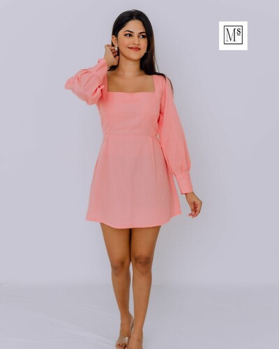 Salmon Pink Square Collar Skirt Dress