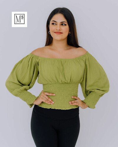 Olive Green Bell Sleeve Smoked Top
