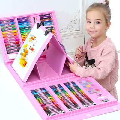 Super Mega Art Set, 208pcs Kids Drawing Art Set With Crayons Water Color, Crayons, Color Pencils (PINK)