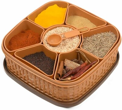 Plastic Square Titan Masala Box with 7 Removable Containers | Brown & Cream