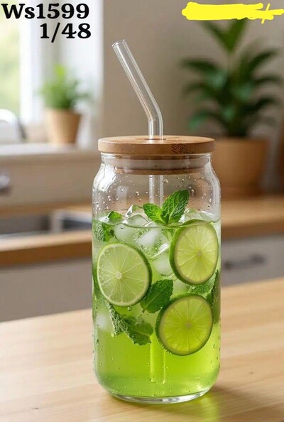 Can-Shaped Glass Juice Jar with Bamboo Lid & Glass Straw