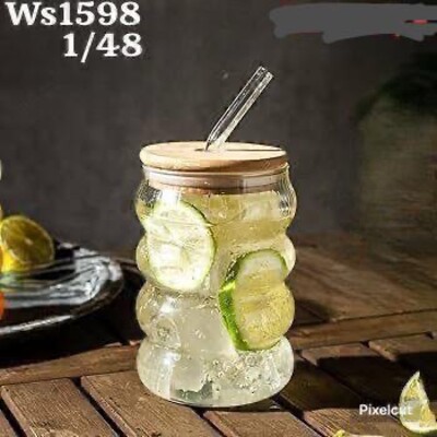 Can-Shaped Glass Juice Jar with Bamboo Lid & Glass Straw
