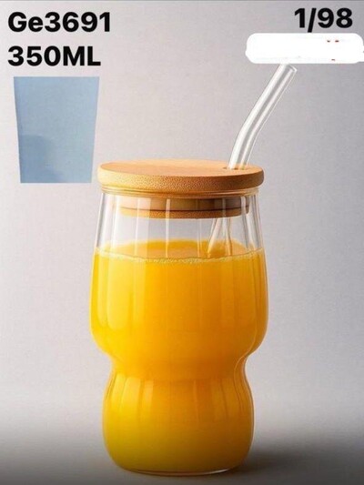 Can-Shaped Glass Juice Jar with Bamboo Lid & Glass Straw