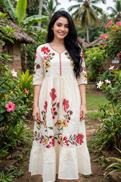 Indian Embroidery Floral Frock - White